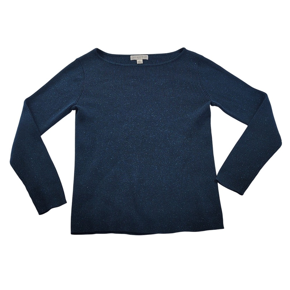Casual Corner Navy Blue Metallic Ribbed Knit Boat Neck Sweater CF02-386 Womens L